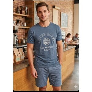 Lucky Brand Mens XL Blue Heather Graphic Tee Los Angeles 4 Leaf Clover T-Shirt